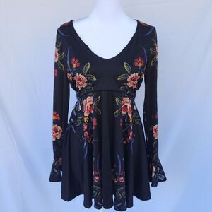 Black with Floral Print Long Sleeve Short Dress by Free People (XS)